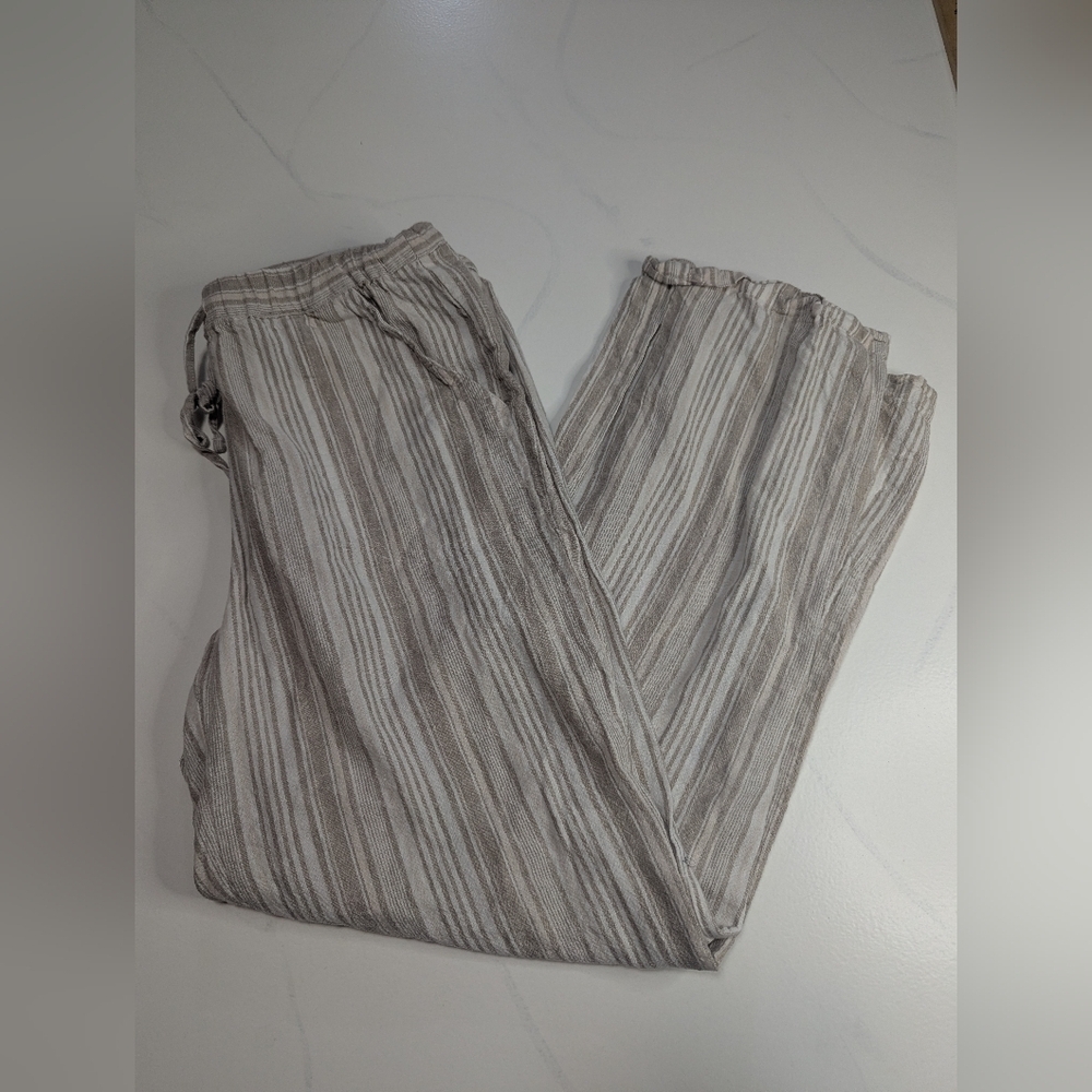 Land n Sea Pull-on Pants Tan/Cream Striped Linen Blend Wide Leg Crop, Size M